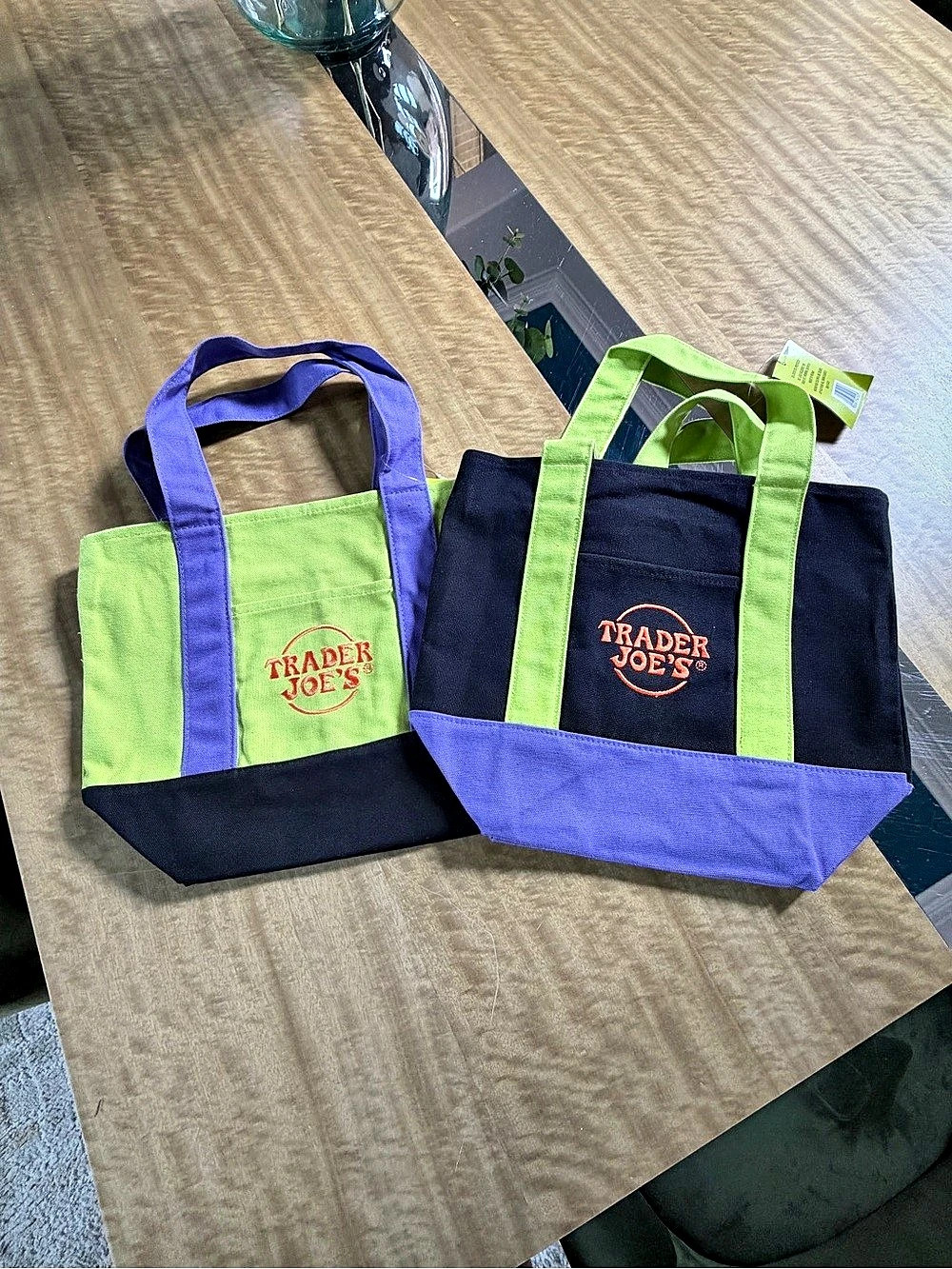 Trader Joe's Trick-or-Treat Mini Canvas Tote Bag Set Green & Blue